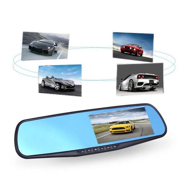 

4.3"hd car dvr rear view mirror video recorder function dual cam reversing camera driving recorder hdmi video