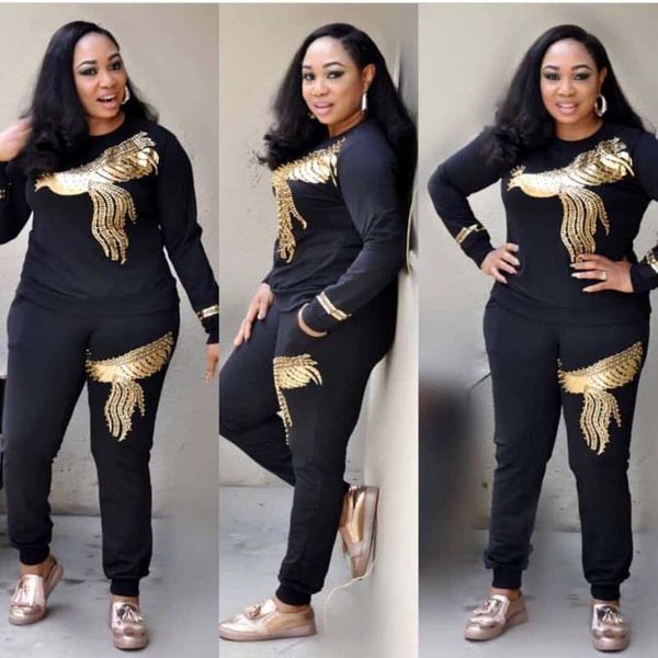

new arrive spring fashion two piece set women phoenix sequins diamond casual sportsuit black o-neck long sleeve&long pant suits, White