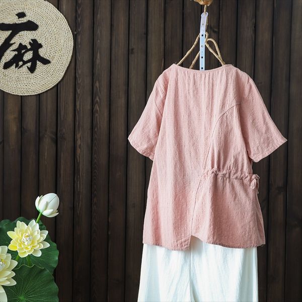 

t равнина жаккардового короткий рукав нерегулярные топ 2019 художественных жаккардовых битнику лена и хлопок женщин, White