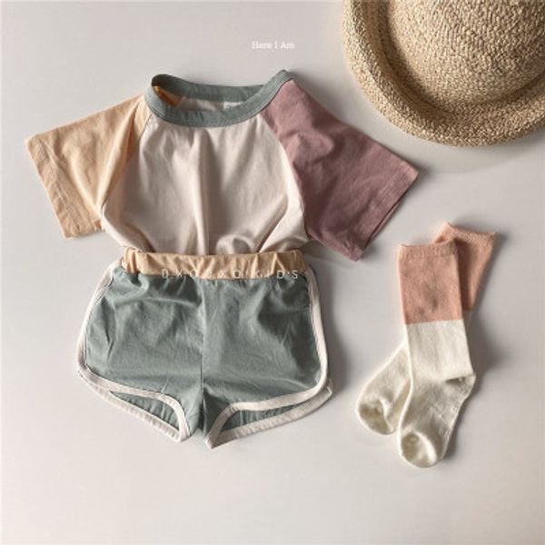 

korean 2020 summer new boys and girls casual sets baby cute patchwork round neck shorts suits toddler girls sports suit 1-4 year, White