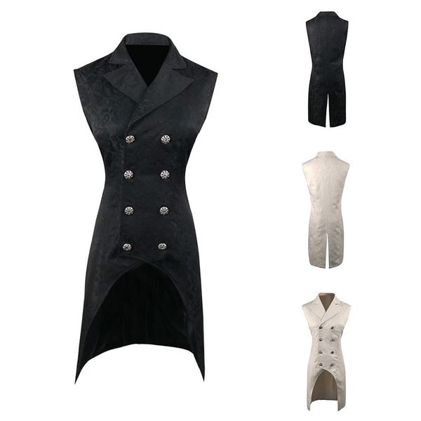 

adisputent breasted lapel collar waistcoat jacquard vest gothic steampunk swallowtail jacquard damask double breasted dress, White;black