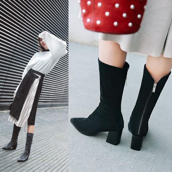 

2019 women's boots fashion ladies shoes faux fur adhesive winter boots botas mujer mid-calf pointed toe women size 34-43, Black