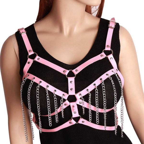 

pink leather harness lingerie metal chain crop hollow out goth punk party dance festival rave adjust straps bra women, Black;white