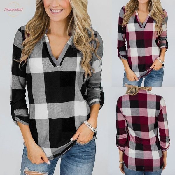 

womens and blouses roll up long sleeve deep v neck button plaid lattice blouse autumn women clothes blusas, White