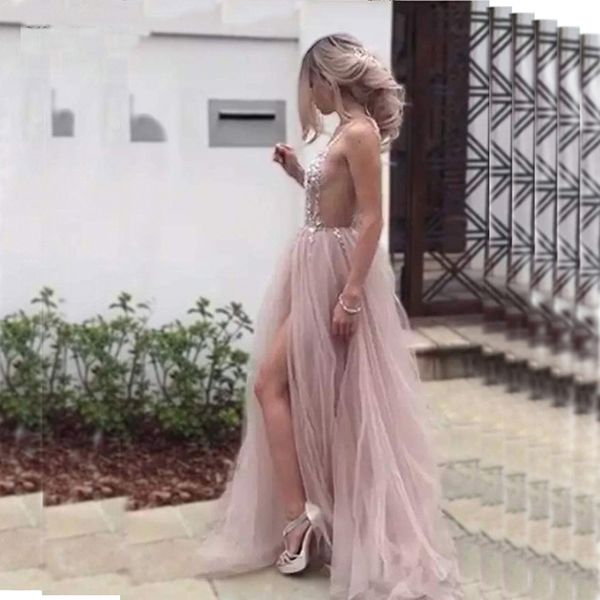 

Sexy Tulle Long Prom Dresses 2019 Backless Sweep Train Beaded A Line Special Occasion Dresses Evening Gowns Custom Made