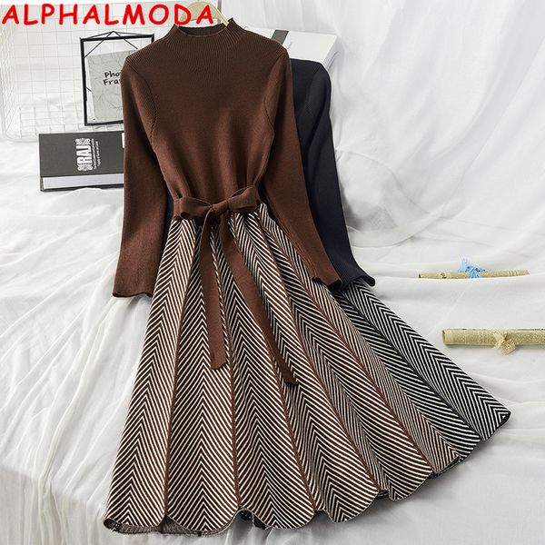 

alphalmoda high collar a-line knit dress women's 2019 new thickened arrow striped women elegant sashes knitted dress, Black;gray