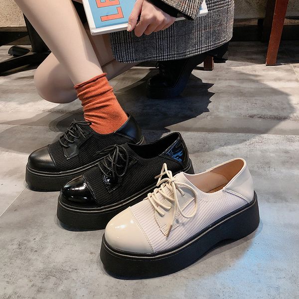 

shallow mouth womens derby shoes round toe female footwear all-match 2020 fashion women's platform casual sneaker leather, Black