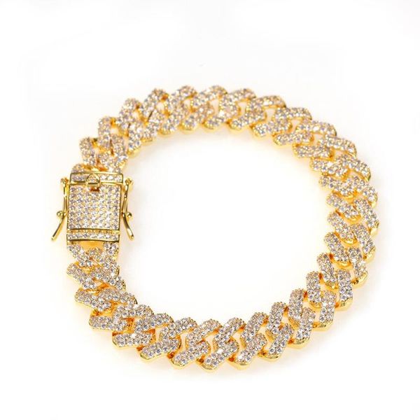 

12mm iced zircon cuban bracelet chain hip hop jewelry gold color copper material cz clasp mens bracelet link, White