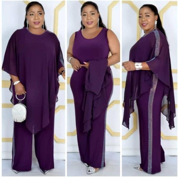 

two pieces set fashion chiffon cape with sequined jumpsuit plus size african party jumpsuit african clothes for women, Red