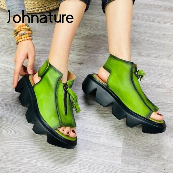 

johnature platform sandals genuine leather women shoes 2020 new summer retro zip casual wedges candy color ladies sandals, Black