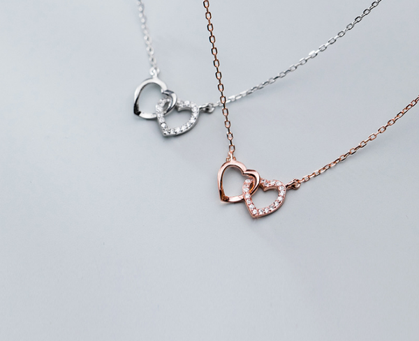 

1pc 100% real sterling silver 925 fine jewelry zircon + interlocked open love heart love pendant necklace gtlx2084