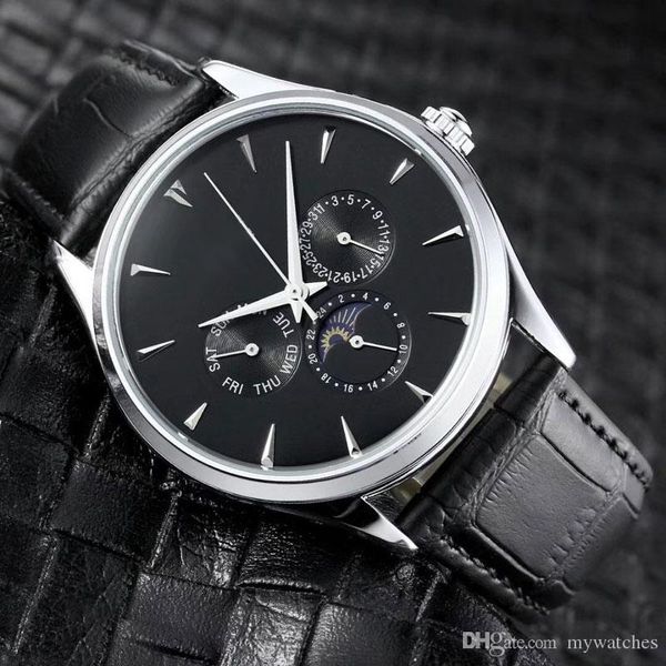 

chronograph brand mens watches small dials work daydate fashion leather straps luxury quartz watch for men waterproof military clock christm, Slivery;brown