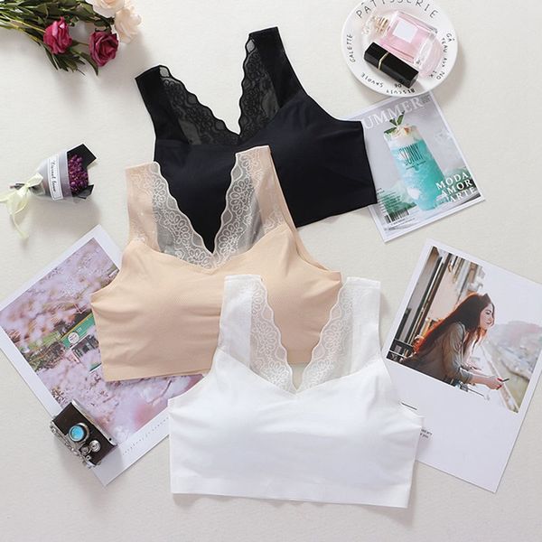 

lace women crop women lace floral mesh padded bra v neck underwear vest, Black;white