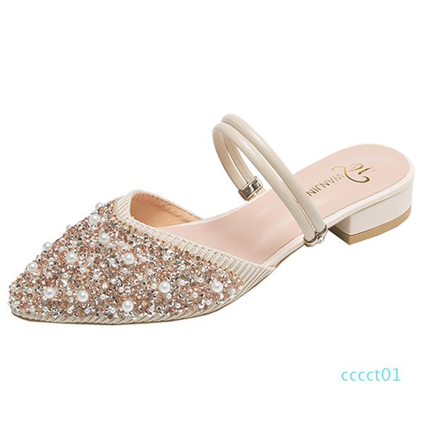 

cover toe low string bead square heel shoes woman 2020 slippers women summer luxury slides pantofle heeled mules block soft ct1, Black