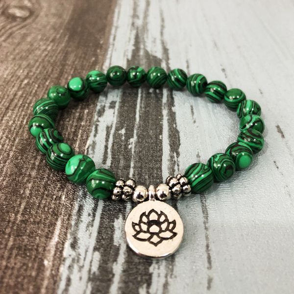 

men and women mala lotus charms bracelet buddhist yoga wrist green stone malachite beaded bracelet, Golden;silver