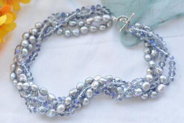 

4row 17" gray baroque pearl faceted crystal bead necklace, Silver