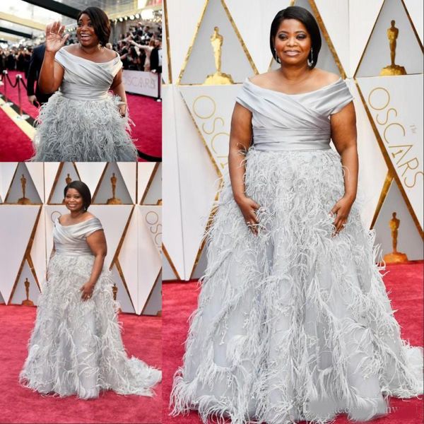 

89th oscar plus size silver prom dresses off the shoulder luxury feather sweep train evening gowns, Black