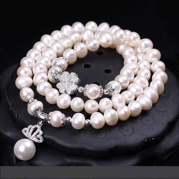 

натуральный пресноводный жемчуг браслет 925 корона оригинальный браслет дамы мульти-кольцо мода стерлингового серебра ювелирные изделия горя, Golden;silver