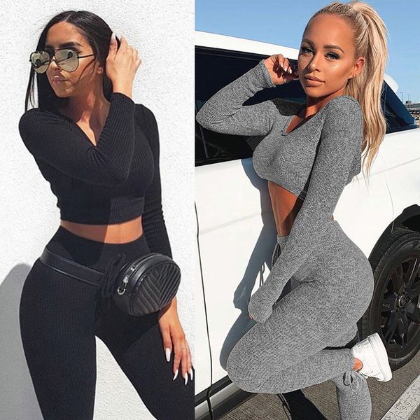 

v neck knitted tracksuit two piece set autumn winter long sleeves crop and long tight pants 2 piece outfits for women, White