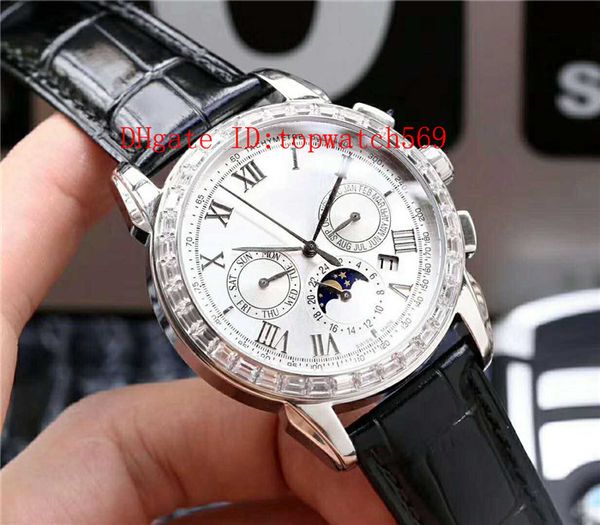 

new complications watch luxury diamond mens watch swiss 9100 automatic mechanical 28800 vph moon phase annual calendar 316l steel case, Slivery;brown