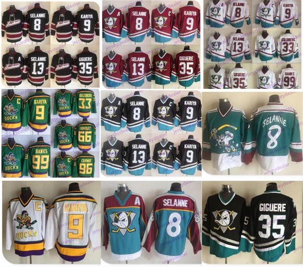 

Mens 2019 New Mighty Anaheim Ducks Ryan Getzlaf Corey Perry Kesler Teemu Selanne Paul Kariya Charlie Conway Gordon Bombay Retro Jersey