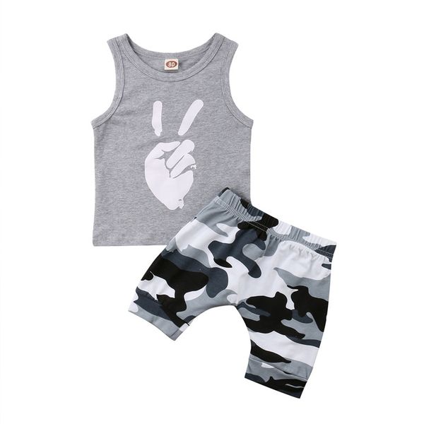 

2pcs toddler kids baby boys sets sleeveless tanks vest t-shirt camo shorts print outfits set clothes clothings sunsuits hot, White