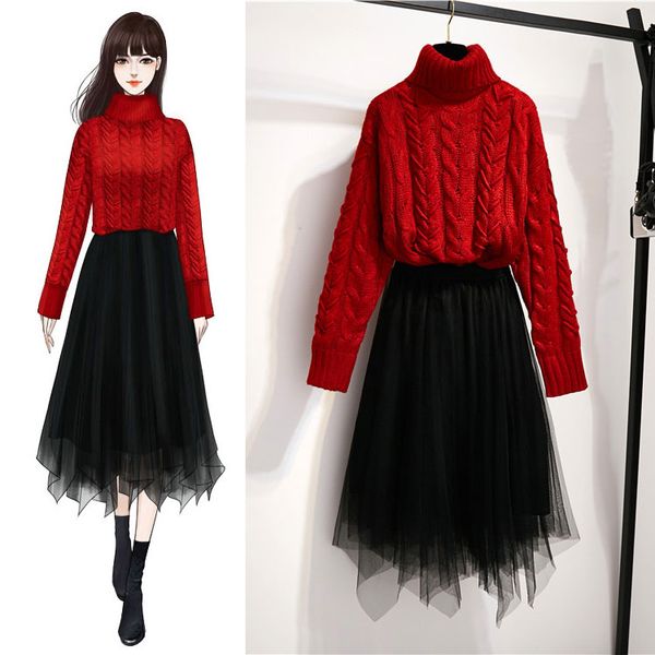 

new winter turtleneck twist sweaters knitted clothing set loose languid style red sweater gauze bust pleated black skirt suits, White