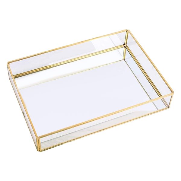 

gold tray mirror, rectangle mirror tray can hold perfume, jewelry, cosmetics, makeup, magazine and more,decorative tray for vani other home
