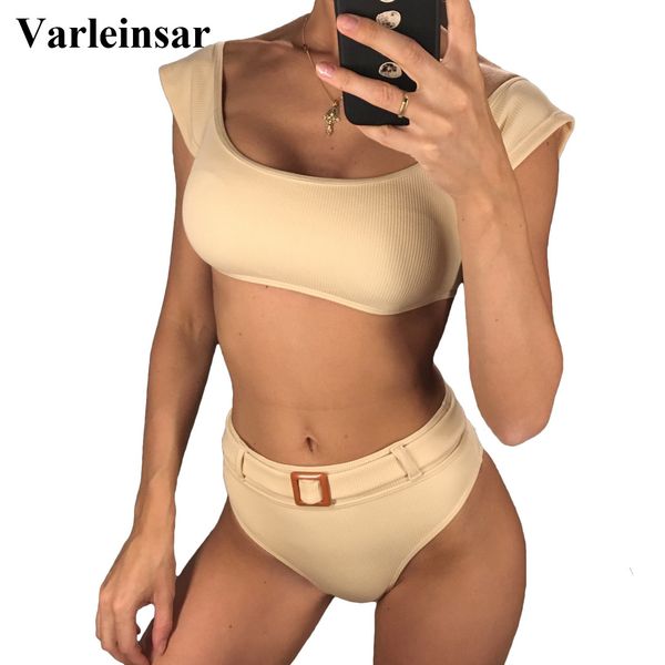 

short sleeve high waist bikini 2019 female swimsuit women swimwear two-pieces bikini set ribbed bather bathing suit swim v1039