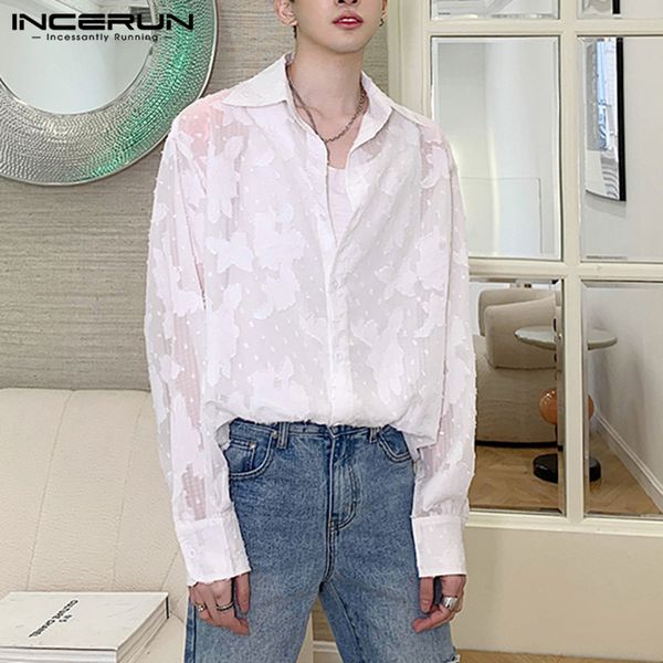 

incerun men fashion mesh shirts casual long sleeve lapel see through shirts summer flower printed blusas chic korean clothes 5xl, White;black