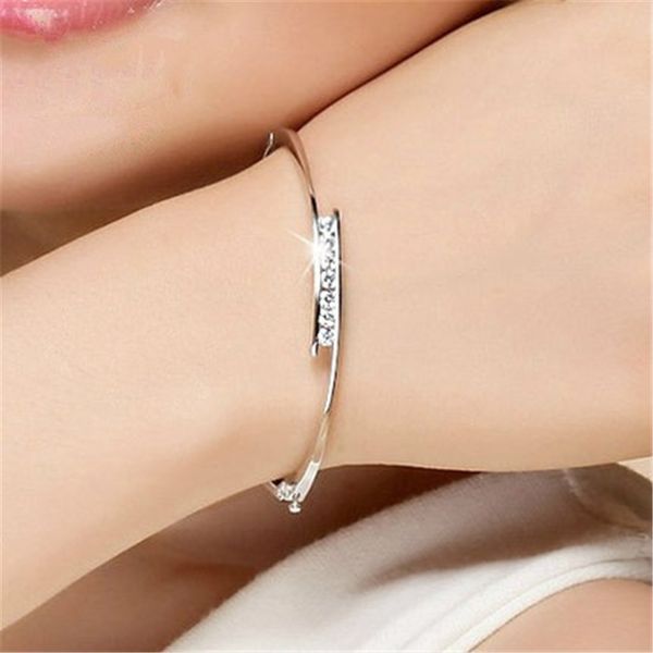 

korean real silver s925 bangle diamond female opening clasp bizuteria pulseras plata de ley 925 sterling mujer sliver for women, Golden;silver