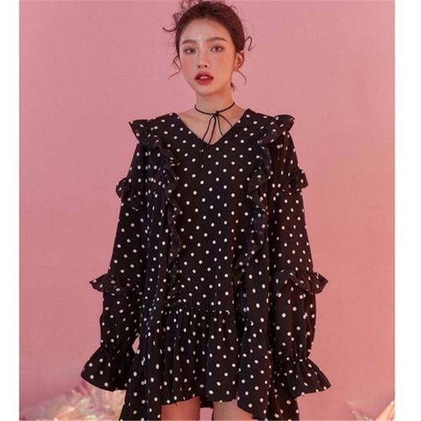 

2020 black long sleeve ruffles summer printed party dress korean spring v neck loose dress women vintage flare sleeve casual ladies dresses, Black;gray