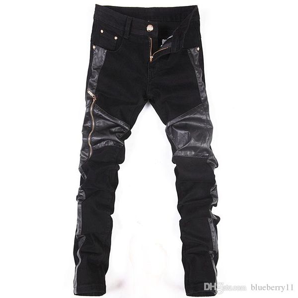 

2020 streetwear jean men pants brand motorbike skinny jeans men pu leather patchwork black stretch jeans, Blue