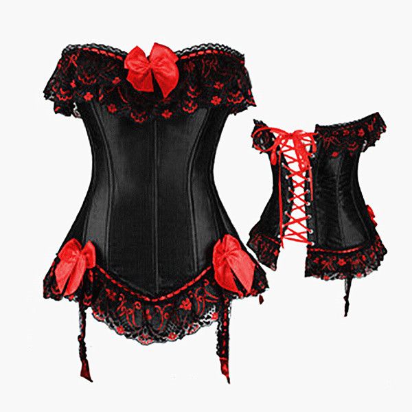 Women's Lingerie Corset and Bustier Black Satin With Red Bowknot Lace up Bone Corselet Size S-6XL