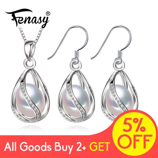 

fenasy 925 sterling silver set natural freshwater pearl jewerly sets for women accessories cage jewellery earrings necklace set, Black