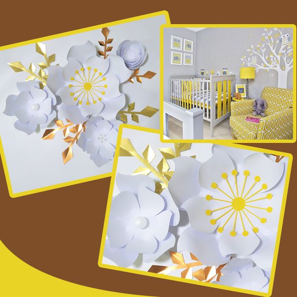 

handmade white rose diy paper flowers gold leaves set for party wedding backdrops decorations nursery wall deco video tutorials