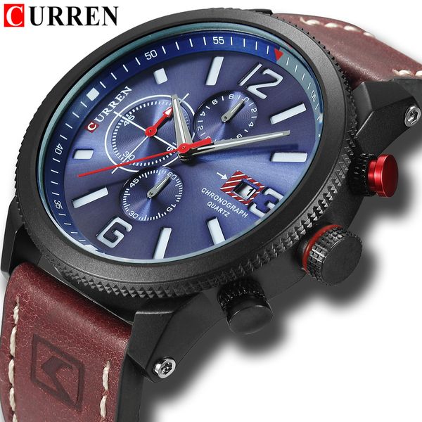 

curren leather clock for man brand new fashion quartz men's watch chronograph dial and date window casual business wristwatch, Slivery;brown