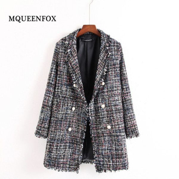 

2019 female jacket autumn winter women's jacket pearl button female bomb twill winter plaid wool coats casaco feminino, Black