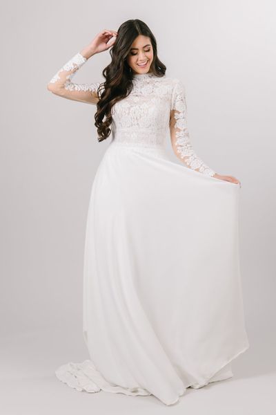 2020 Neue Vintage Spitze Chiffon bescheidene Brautkleider mit langen Ärmeln und Taschen Stehkragen informelle einfache elegante bescheidene Brautkleider