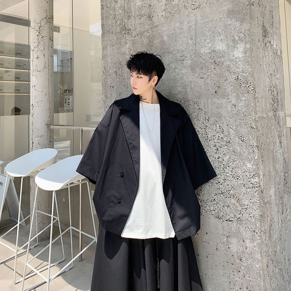 

male streetwear hip hop gothic loose casual shirt style coat japan style outerwear men oversize bat short sleeve jacket, Black;brown