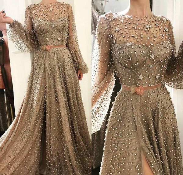 

2019 saudi arabic evening dress sheer neck beaded long poet sleeves holiday women wear formal party prom gown custom made plus size, Black;red