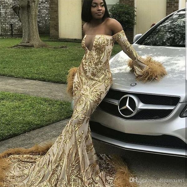 

gold mermaid prom dresses 2019 new sequined feather sweep train off the shoulder long sleeve formal evening dress party gowns, Black