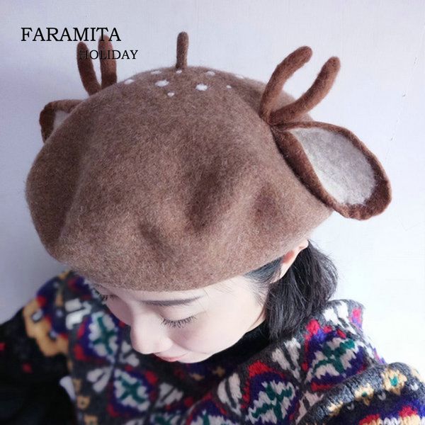 

faramita holiday forest elk christmas gift women girls kids boys winter berets hand-made wool felt fuzzy cute ears hats caps, Blue;gray