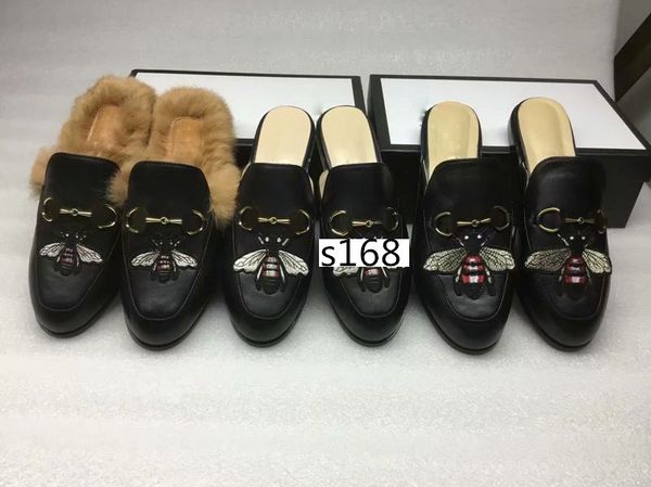

with boxs mules princetown leather loafers men muller slipper shoes black star small bee metal chain men wonen fur slippers