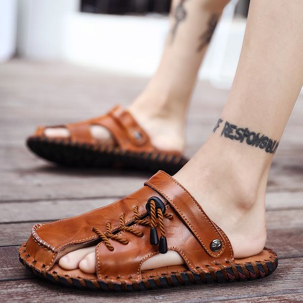

mens sandals genuine leather summer new beach men casual shoes handmade outdoor sandals handmade sewing fashion men shoes, Black