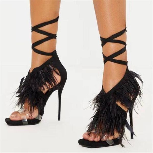 

pvc feather t-straps heels women shoes peep toe high heels sandals summer party shoes cross strap lace-up sandals pumps, Black