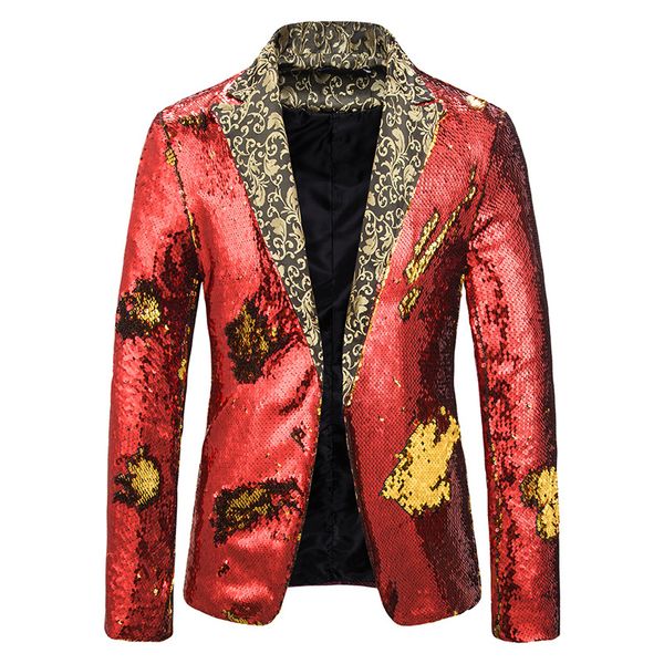 

men's red sequin glitter suit blazer jacket men flower lapel 2 color conversion blazer men nightclub stage singers hombre, White;black