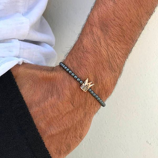 

crown charm men bracelet with hematite beads unique black crown zircons diy bracelets pulseira masculina feminina jewelry gift, Golden;silver