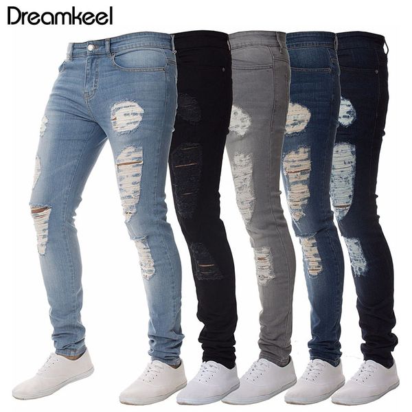 

2019 brand designer slim fit washed jeans street mens distressed denim hip hop jeans pure color knee holes ripped men y, Blue