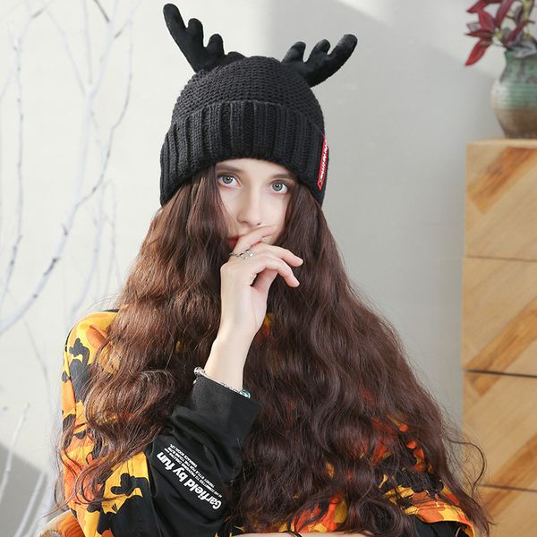 

internet celebrity wig and hat in one women's long curly hair antler knitted hat suitable for outdoor wear, Black